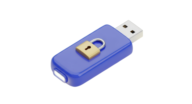 Blue USB Flash Drive with Lock Icon on Transparent Background