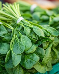 Fresh Green Spinach Leaves Bundled Together at Local Market Stand