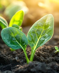 Fresh Green Spinach Leaves Emerging from Rich Soil in Sunrise Light