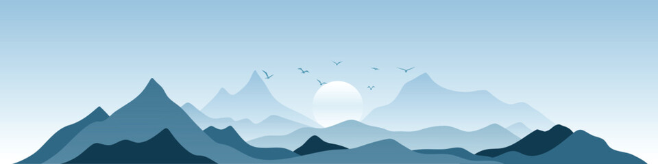 Minimalistic stylized landscape, mountain sunrise, vector illustration, panoramic view