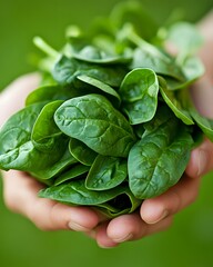 Fresh Green Spinach Leaves Gathered in Hands Ready for Cooking or Salad Preparation