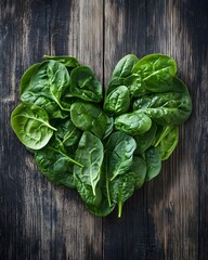 Fresh Spinach Leaves Arranged in Heart Shape on Rustic Wooden Background