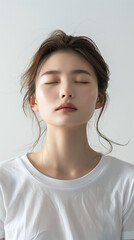 Photo of a beautiful skinned model woman in her 20s looking upward with her eyes closed.