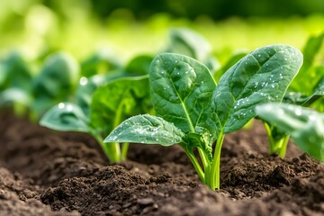Fresh Spinach Plants Growing in Rich Soil with Water Drops and Natural Light