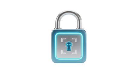 Neon Blue Lock Icon with Digital Security Symbol on Transparent Background