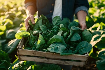 Freshly Harvested Spinach Leaves in Wooden Crate Gathered from Green Field