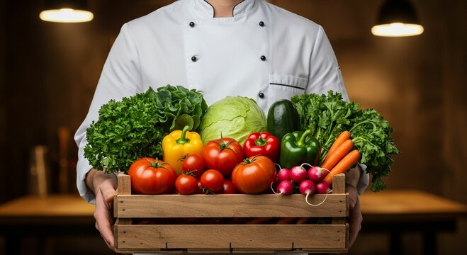 Chef holding crate of fresh vegetables