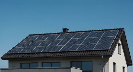 Fototapeta premium Modern house with solar panels installed on the roof, harnessing clean energy.