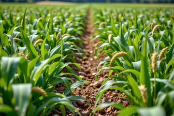 Fototapeta premium Lush Green Cornfield with Rows of Corn Plants and Soil Below