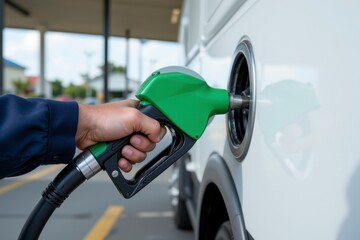 Hand Holding Green Fuel Pump at Gas Station for Vehicle Refueling