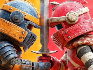 Two toy knights in red and blue armor clash helmets over a shared sword, locked in a stylized standoff.