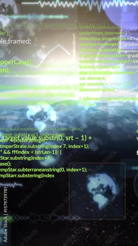 Poster Programming code and data processing animation over Earth from space