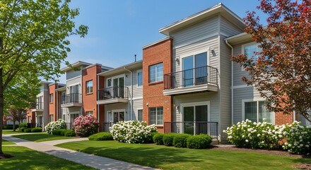 Luxury Apartments Complex with Green Landscaping and Balconies