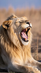 Lion with mouth open and eyes closed, mane highlighted - a wild moment captured with grandeur and serenity.
