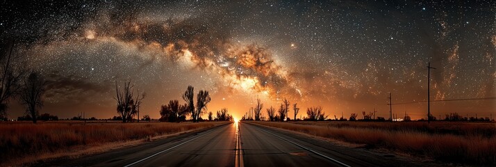 A quiet highway stretches into the distance under the brilliant arc of the Milky Way, glowing with celestial fire.