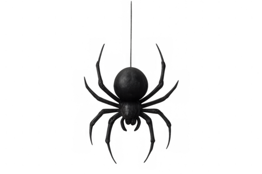 Realistic black spider hanging on a transparent background, perfect for halloween projects and spooky designs
