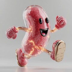 A red jelly bean-like character encased in clear plastic with glowing sparks, mid-run with golden shoes.