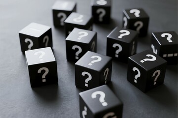 Question Mark Cubes: Multiple black cubes with white question marks on each side, scattered on a dark grey surface.