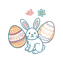 Cute Easter Bunny with Decorated Eggs and Flowers