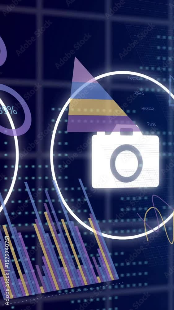 Poster digital data processing animation over icons of camera, computer, and bar graphs