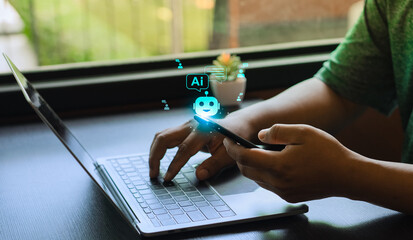 AI chatbot answering customer questions in real-time, concept of virtual assistant, online support automation, artificial intelligence communication, customer service technology