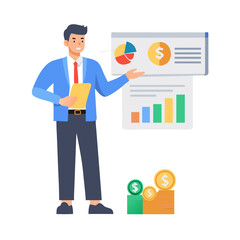 Businessman presenting financial data with charts and graphs