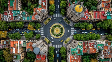 Top-down city view showing an intricate circular roundabout surrounded by historical buildings and traffic