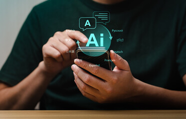 AI language translation assistant on smartphone, multilingual artificial intelligence system supporting global communication in various languages, modern digital tool for international business