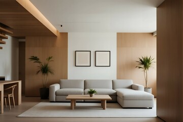 Modern Minimalist Living Room: A bright, modern, and minimalist living room with a large grey sectional sofa, wooden coffee table, and indoor plants.