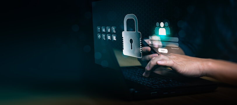 Cybersecurity login interface on laptop and smartphone, user accessing secure system with password authentication, digital data protection, identity verification, encrypted access control technology