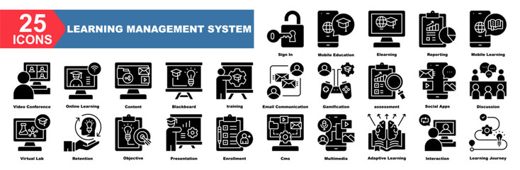 Learning Management System icon collection set.Sign In,Mobile Education,Elearning,Reporting,Mobile Learning,Video Conference,Online Learning.Flat icon collection.
