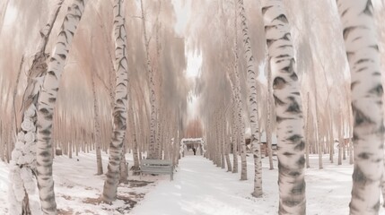 A dreamy birch tree forest with snow-covered ground and a floral wedding arch set under soft pastel light.