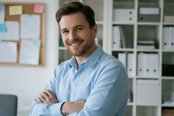 Confident Businessman with Arms Crossed (Smiling): A smiling businessman with short brown hair and a light blue shirt, standing with his arms crossed in an office.