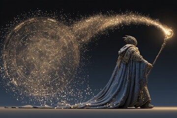 A cloaked wizard conjures a radiant, intricate magic circle with a glowing staff, surrounded by swirling golden particles in the air.