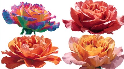 Four colorful, layered rose blossom close-ups isolated on white