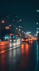 Fototapeta premium Rainy Night Cityscape Blurred Lights and Wet Asphalt