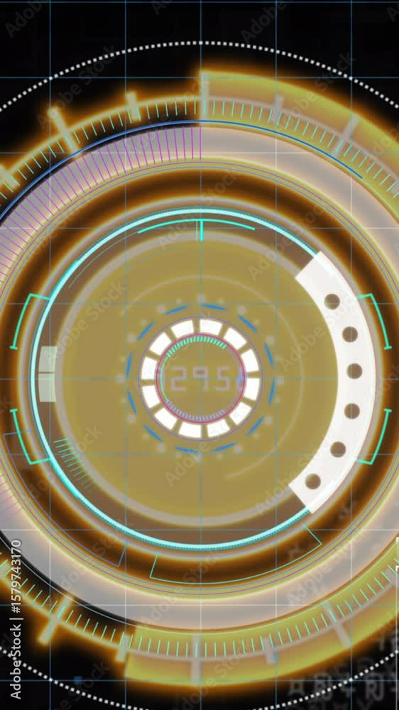 Poster animation of interface with spinning round scanner and data processing against black background