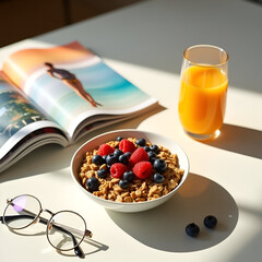 A healthy breakfast scene featuring a bowl of granola topped with fresh raspberries and blueberries, a glass of orange juice, stylish eyeglasses, and an open magazine on a sunlit table.
