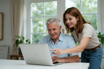 Caring daughter patiently helping her elderly father navigate a laptop, illustrating intergenerational support, digital literacy, and the loving bond within a family learning new technology together.