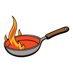 Red-hot frying pan with glowing orange bottom and sizzling heat, ready for cooking, steam rising, and intense heat radiating in the kitchen.
