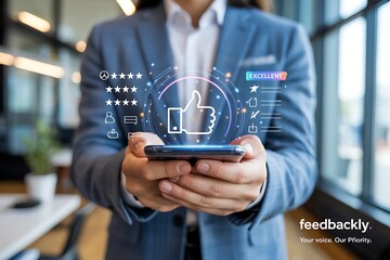 Person holding smartphone with thumbs up icon and customer feedback rating symbols in a business setting