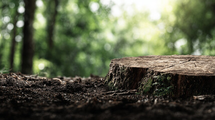 Fototapeta premium Tree stump rests on dark forest soil, surrounded by lush greenery, evoking sense of tranquility and connection to nature