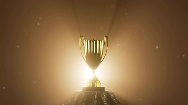 glowing gold trophy on velvet podium with dramatic spotlight and subtle bokeh