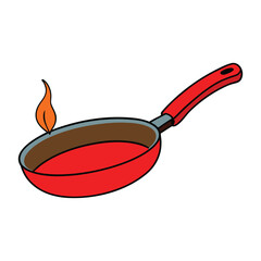 Red-hot frying pan with glowing orange bottom and sizzling heat, ready for cooking, steam rising, and intense heat radiating in the kitchen.
