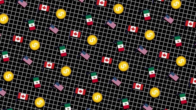Mexico, Canada, and USA flags with a USD symbol sway in opposing directions over a minimal black grid background, evoking NAFTA trade, cross-border economy, and financial flow.