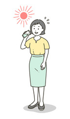 猛暑に炎天下で水分補給をする若い女性の全身イラスト
