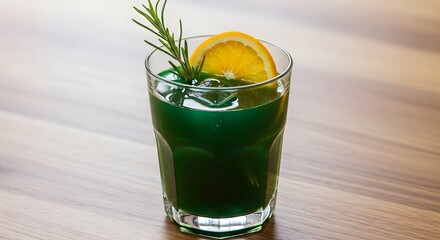 Fototapeta premium Refreshing green drink garnished with orange slice and rosemary sprig on a wooden table.