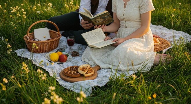 Couple relaxing at picnic in field