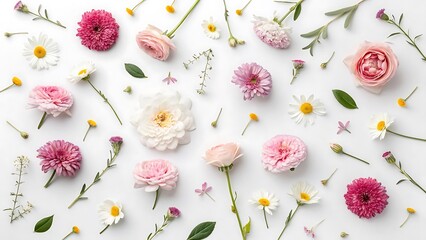 Fototapeta premium A beautiful arrangement of pink and white flowers with green leaves on a white background