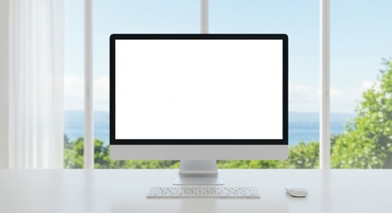 Blank computer screen in modern office near window, workspace setup with empty monitor for design, UI mockup, or productivity concept